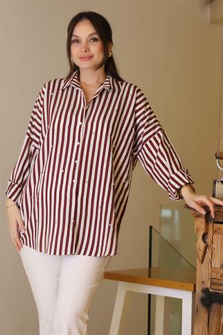 BORDO ÇİZGİLİ TAŞLI KADIN GÖMLEK  4735-2Y5