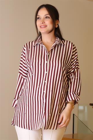 BORDO ÇİZGİLİ TAŞLI KADIN GÖMLEK  4735-2Y5