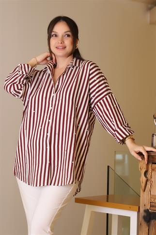BORDO ÇİZGİLİ TAŞLI KADIN GÖMLEK  4735-2Y5