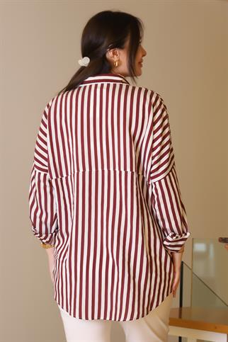 BORDO ÇİZGİLİ TAŞLI KADIN GÖMLEK  4735-2Y5