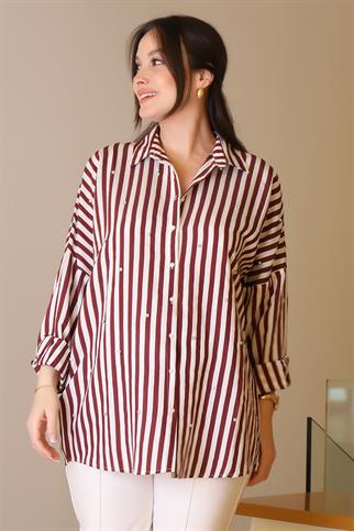 BORDO ÇİZGİLİ TAŞLI KADIN GÖMLEK  4735-2Y5
