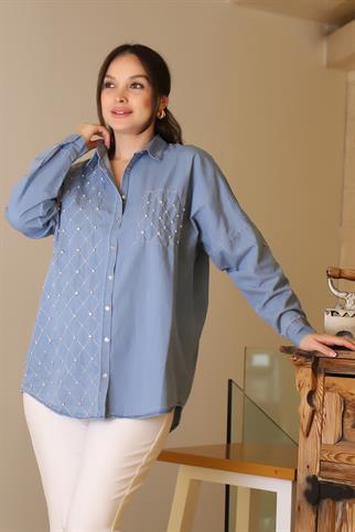 KOT CEP DETAYLI İNCİ VE TAŞ İŞLEMELİ KOT KADIN GÖMLEK  4744-2Y5