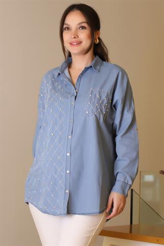 KOT CEP DETAYLI İNCİ VE TAŞ İŞLEMELİ KOT KADIN GÖMLEK  4744-2Y5