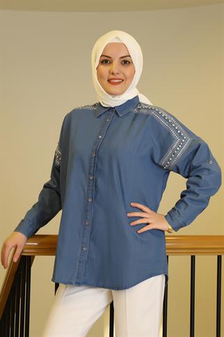 KOT OMUZLARI TAŞLI MAVİ KADIN GÖMLEK  4804-2Y5