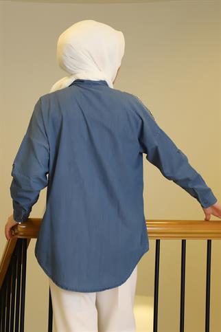 KOT OMUZLARI TAŞLI MAVİ KADIN GÖMLEK  4804-2Y5