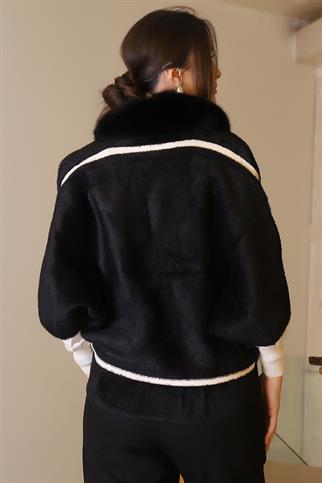 KÜRK YAKA UZUN KOLLU SİYAH KADIN CEKET 2028-2K5