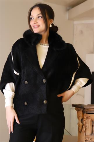 KÜRK YAKA UZUN KOLLU SİYAH KADIN CEKET 2028-2K5