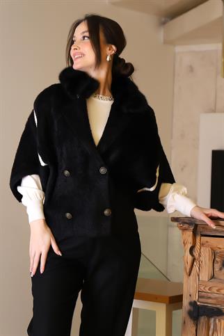 KÜRK YAKA UZUN KOLLU SİYAH KADIN CEKET 2028-2K5