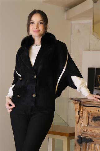 KÜRK YAKA UZUN KOLLU SİYAH KADIN CEKET 2028-2K5