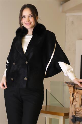 KÜRK YAKA UZUN KOLLU SİYAH KADIN CEKET 2028-2K5