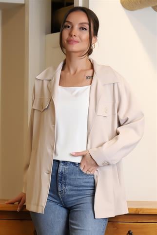 GÖMLEK YAKA DÜĞMELİ BEJ  KADIN CEKET 31513-2Y4