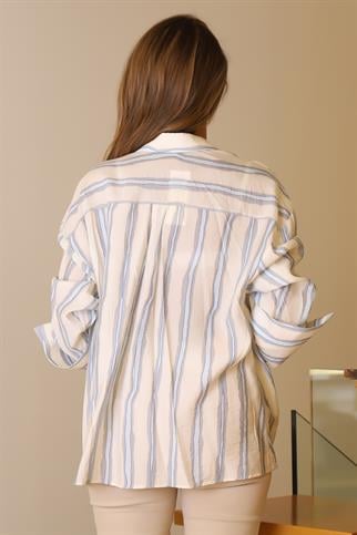 KRUVAZE YAKA ÇİZGİLİ EKRU KADIN BLUZ  7210-2Y5