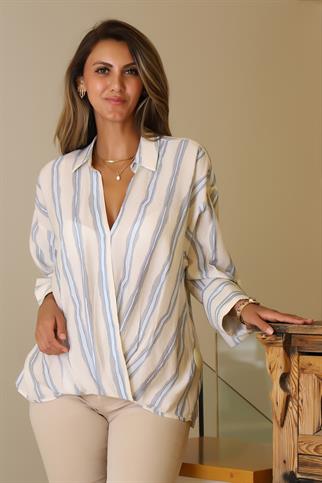 KRUVAZE YAKA ÇİZGİLİ EKRU KADIN BLUZ  7210-2Y5