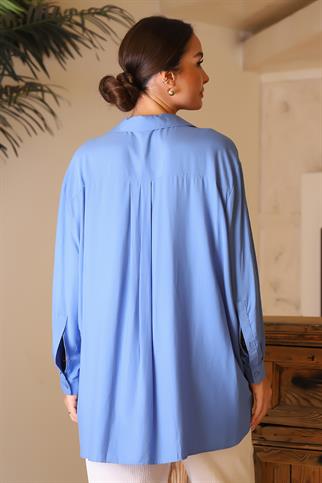UZUN KOLLU ARKASI UZUN MAVİ KADIN TUNİK  8064-2Y4