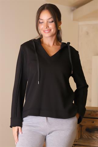 UZUN KOLLU KAPÜŞONLU SİYAH KADIN SWEATSHİRT  8099-2K4