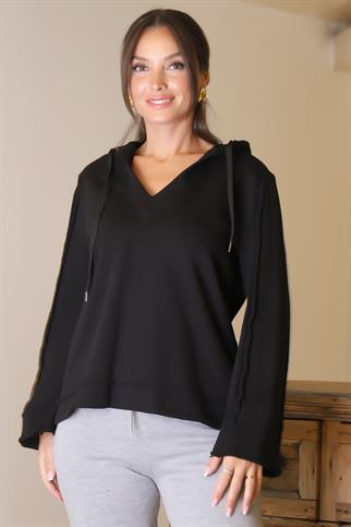 UZUN KOLLU KAPÜŞONLU SİYAH KADIN SWEATSHİRT  8099-2K4