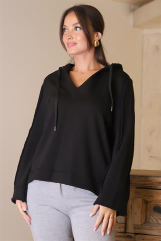 UZUN KOLLU KAPÜŞONLU SİYAH KADIN SWEATSHİRT  8099-2K4