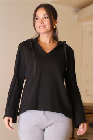 UZUN KOLLU KAPÜŞONLU SİYAH KADIN SWEATSHİRT  8099-2K4