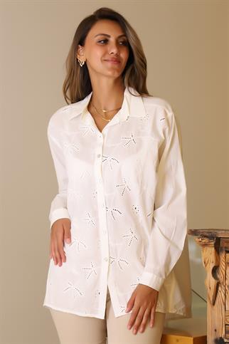 UZUN KOLLU İŞLEMELİ EKRU KADIN TUNİK  8116-2Y5