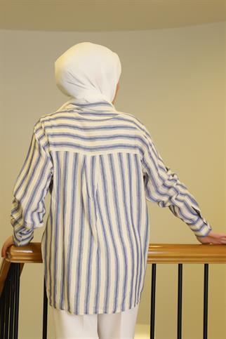 UZUN KOLLU ÇİZGİLİ MAVİ EKRU KADIN GÖMLEK  8128-2Y5