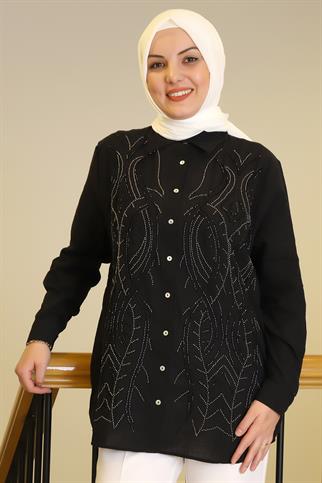 UZUN KOLLU TALŞI SİYAH KADIN GÖMLEK  25Y2FIU043-2Y5 