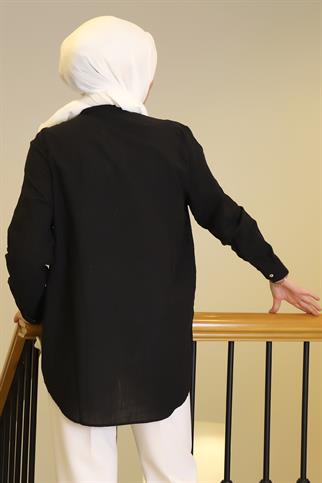 UZUN KOLLU TALŞI SİYAH KADIN GÖMLEK  25Y2FIU043-2Y5 