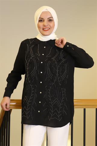 UZUN KOLLU TALŞI SİYAH KADIN GÖMLEK  25Y2FIU043-2Y5 
