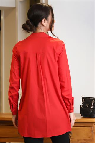 UZUN KOLLU YIRTMAÇLI KIRMIZI KADIN UZUN GÖMLEK 00001-2Y4