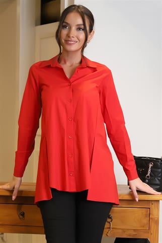 UZUN KOLLU YIRTMAÇLI KIRMIZI KADIN UZUN GÖMLEK 00001-2Y4