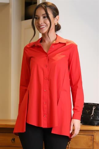 UZUN KOLLU YIRTMAÇLI KIRMIZI KADIN UZUN GÖMLEK 00001-2Y4