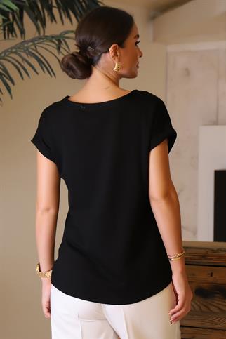 DESENLİ KISA KOLLU SIFIR YAKA SİYAH KADIN BLUZ 00118-2Y4