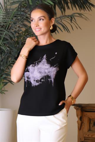 DESENLİ KISA KOLLU SIFIR YAKA SİYAH KADIN BLUZ 00118-2Y4