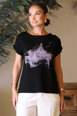 DESENLİ KISA KOLLU SIFIR YAKA SİYAH KADIN BLUZ 00118-2Y4