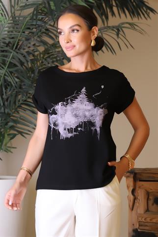 DESENLİ KISA KOLLU SIFIR YAKA SİYAH KADIN BLUZ 00118-2Y4