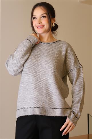 BİSİKLET YAKA ÖRGÜ GRİ KADIN BLUZ 22194-2K4