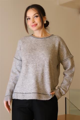BİSİKLET YAKA ÖRGÜ GRİ KADIN BLUZ 22194-2K4
