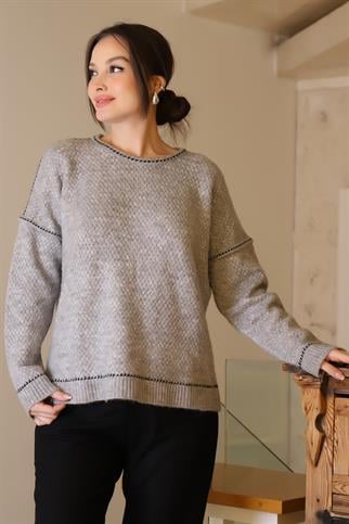 BİSİKLET YAKA ÖRGÜ GRİ KADIN BLUZ 22194-2K4