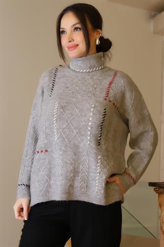 BALIKÇI YAKA YIRTMAÇLI GRİ KADIN KAZAK 22248-2K4