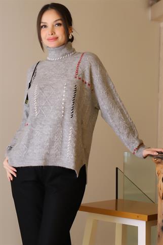 BALIKÇI YAKA YIRTMAÇLI GRİ KADIN KAZAK 22248-2K4