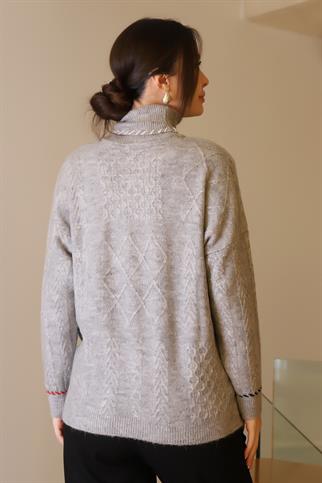 BALIKÇI YAKA YIRTMAÇLI GRİ KADIN KAZAK 22248-2K4