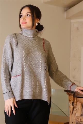 BALIKÇI YAKA YIRTMAÇLI GRİ KADIN KAZAK 22248-2K4