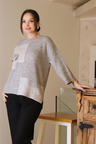 CEP DETAYLI ÖRGÜ GRİ KADIN KAZAK 22402-2K5