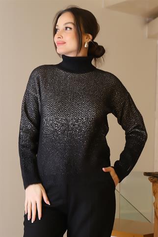 BALIKÇI YAKA DESENLİ SİYAH KADIN KAZAK 22447-2K5