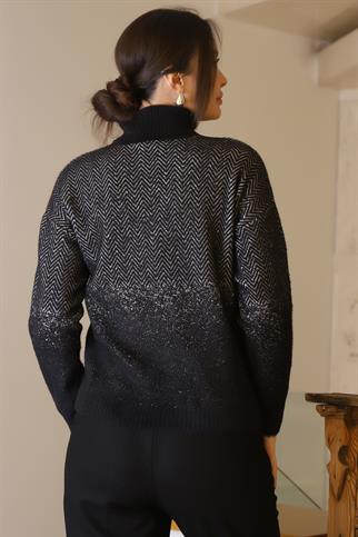 BALIKÇI YAKA DESENLİ SİYAH KADIN KAZAK 22447-2K5