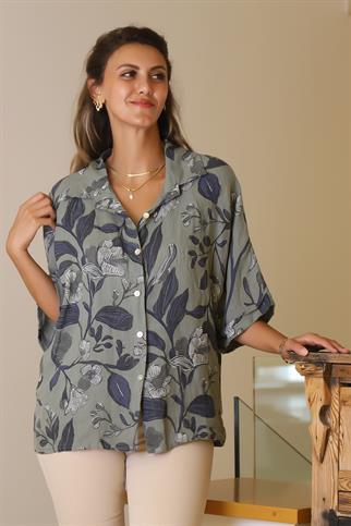 DESENLİ YARIM KOL HAKİ KADIN BLUZ  12540-2Y5