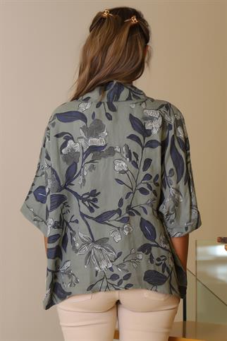 DESENLİ YARIM KOL HAKİ KADIN BLUZ  12540-2Y5