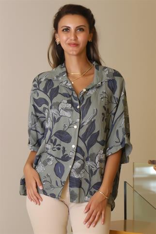 DESENLİ YARIM KOL HAKİ KADIN BLUZ  12540-2Y5