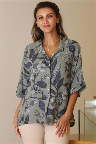 DESENLİ YARIM KOL HAKİ KADIN BLUZ  12540-2Y5