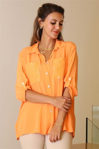 CEPLERİ PUL İŞLEMELİ ORANJ KADIN GÖMLEK  13-2Y5
