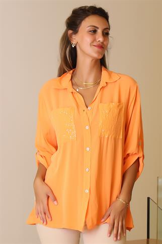 CEPLERİ PUL İŞLEMELİ ORANJ KADIN GÖMLEK  13-2Y5